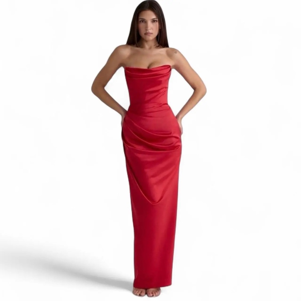House of CB - ADRIENNE Scarlet Satin Strapless Gown - Small - Picture 3 of 14